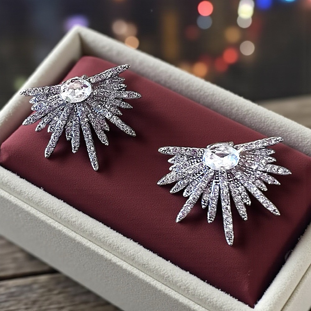 Art Deco Silver Toned Rhinestone Starburst Earrings